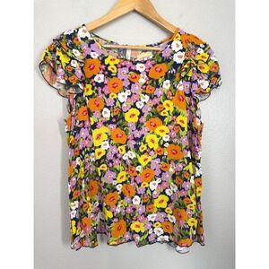 Floral Ruffle Sleeve Top Womens 1X Multicolor Flower Print Blouse Shirt peasant‎